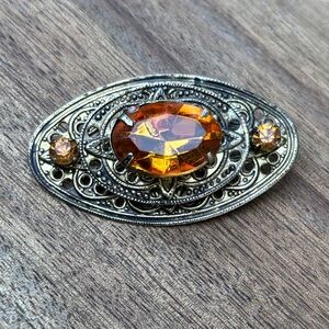 Brooch with amber glass stone Czech? West Germany?